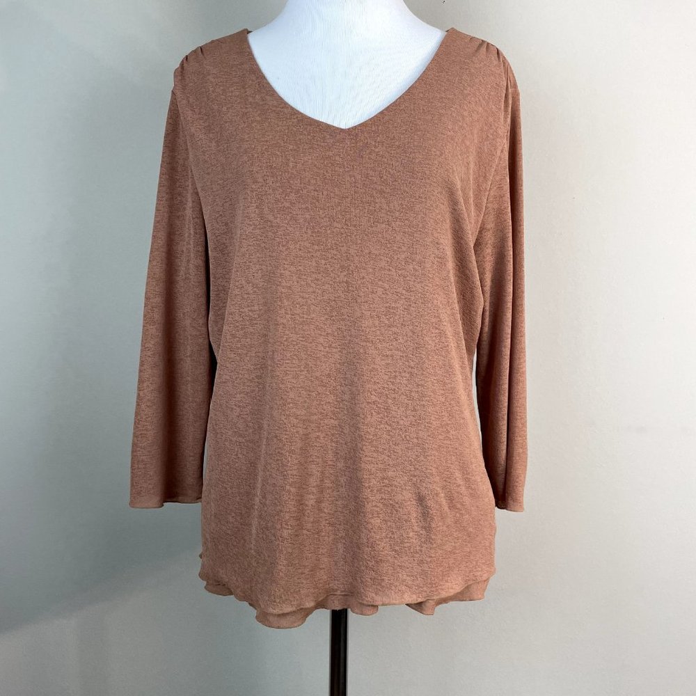 J. Jill Top Womens XL Tan Brown Mesh V-Neck Layered‎ Sheer 3/4 Sleeve Blouse